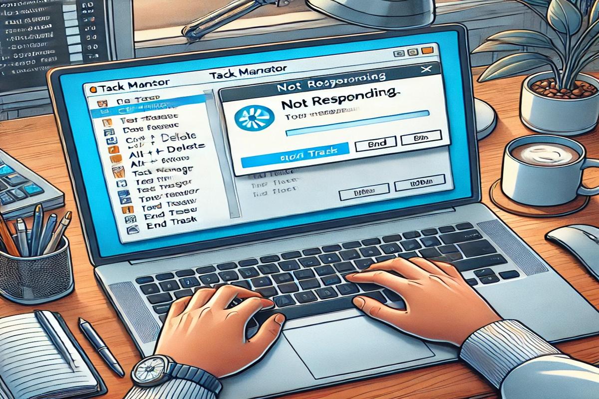 A visual guide to fixing frozen applications on a laptop, showing Task Manager, keyboard shortcuts like Ctrl + Alt + Delete, and a clean workspace with a modern setup.
